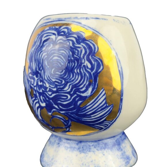 ANTHROPOLOGIE Ruan Hoffmann Jardin des Plantes Ceramic Blue & Gold White Vase - Picture 4 of 12